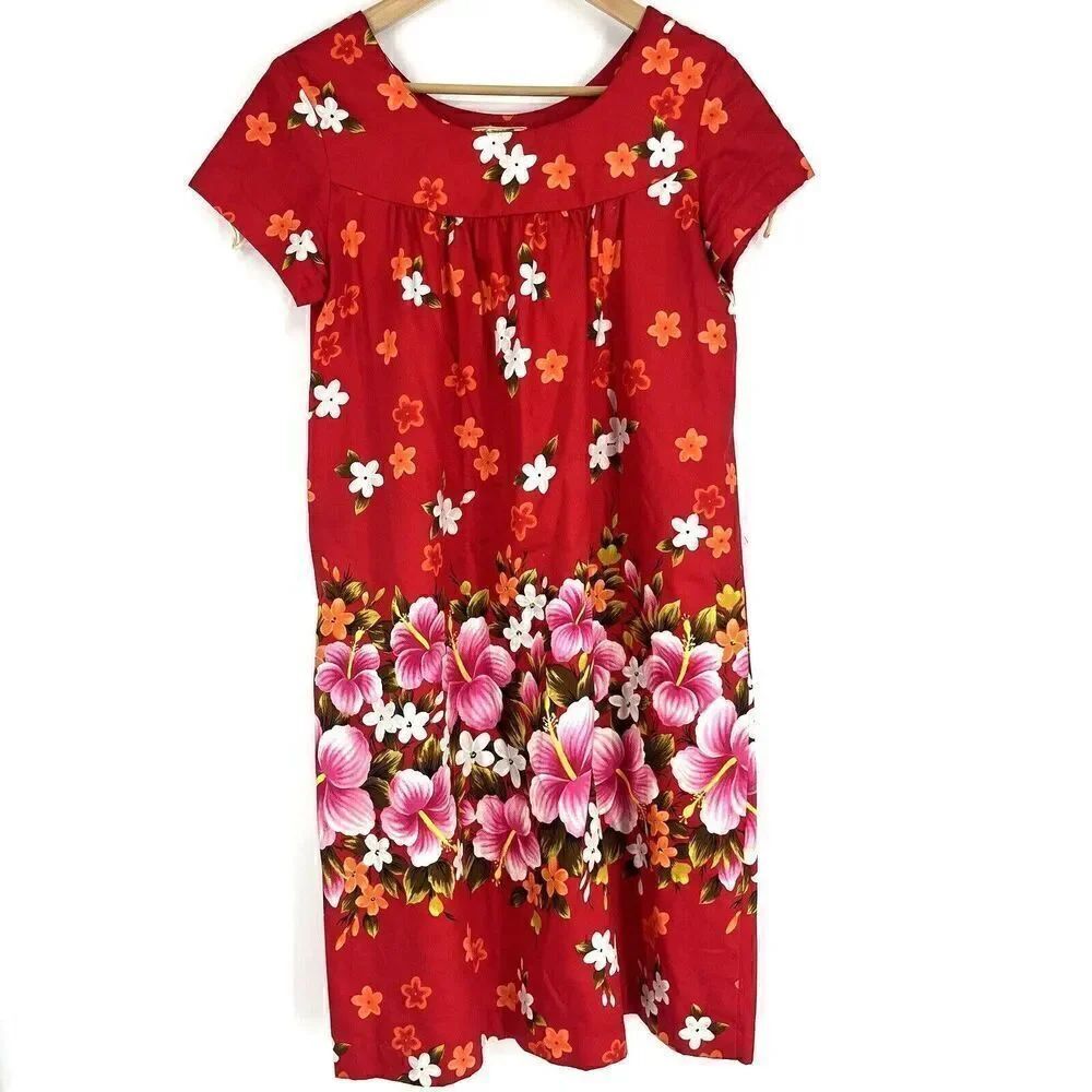 Ui Maikai Hawaiian Dress Size Medium Womens Red Floral Sleeveless Cotton Vintage